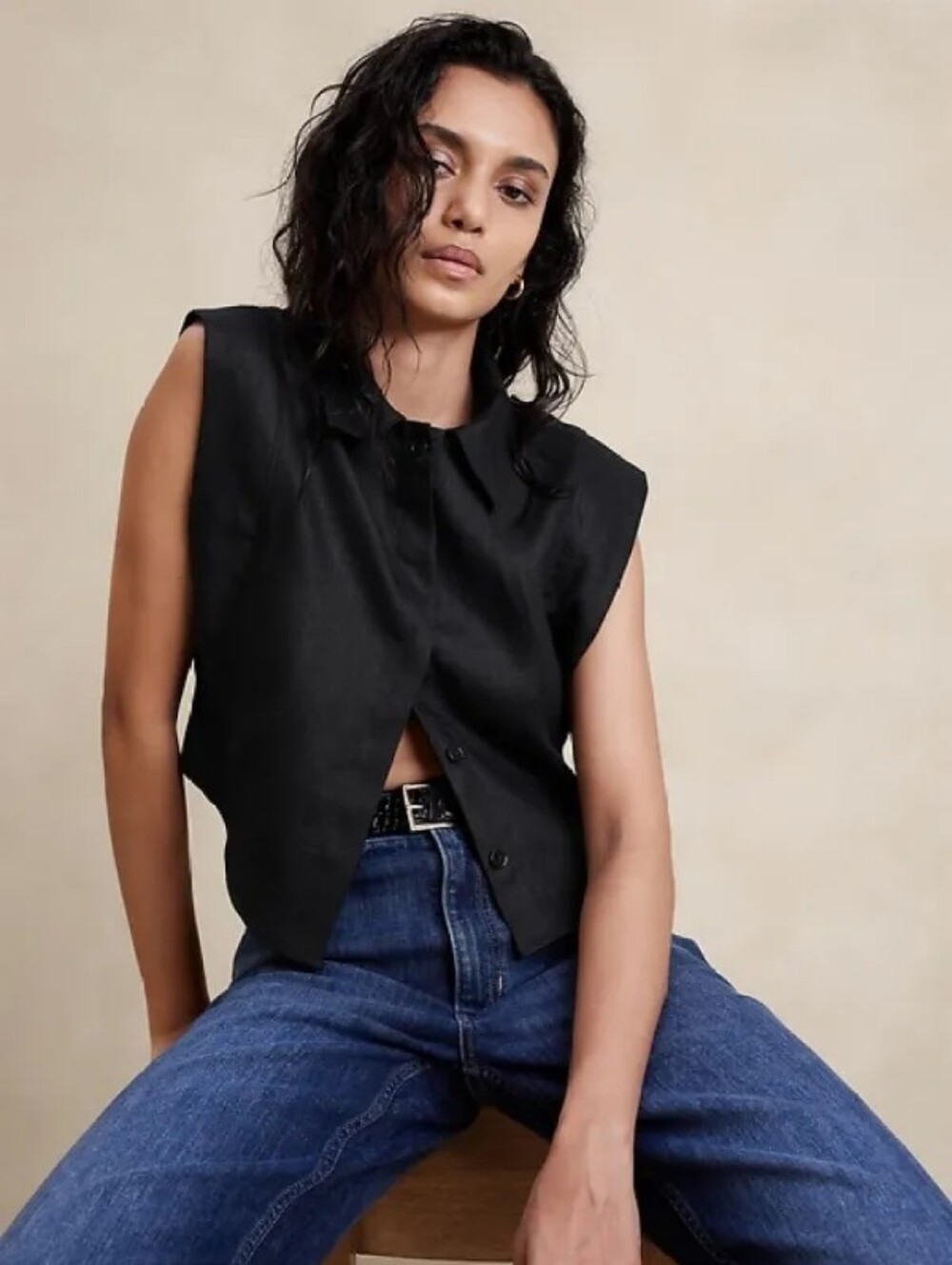 Banana Republic Black Cropped linen shirt Medium